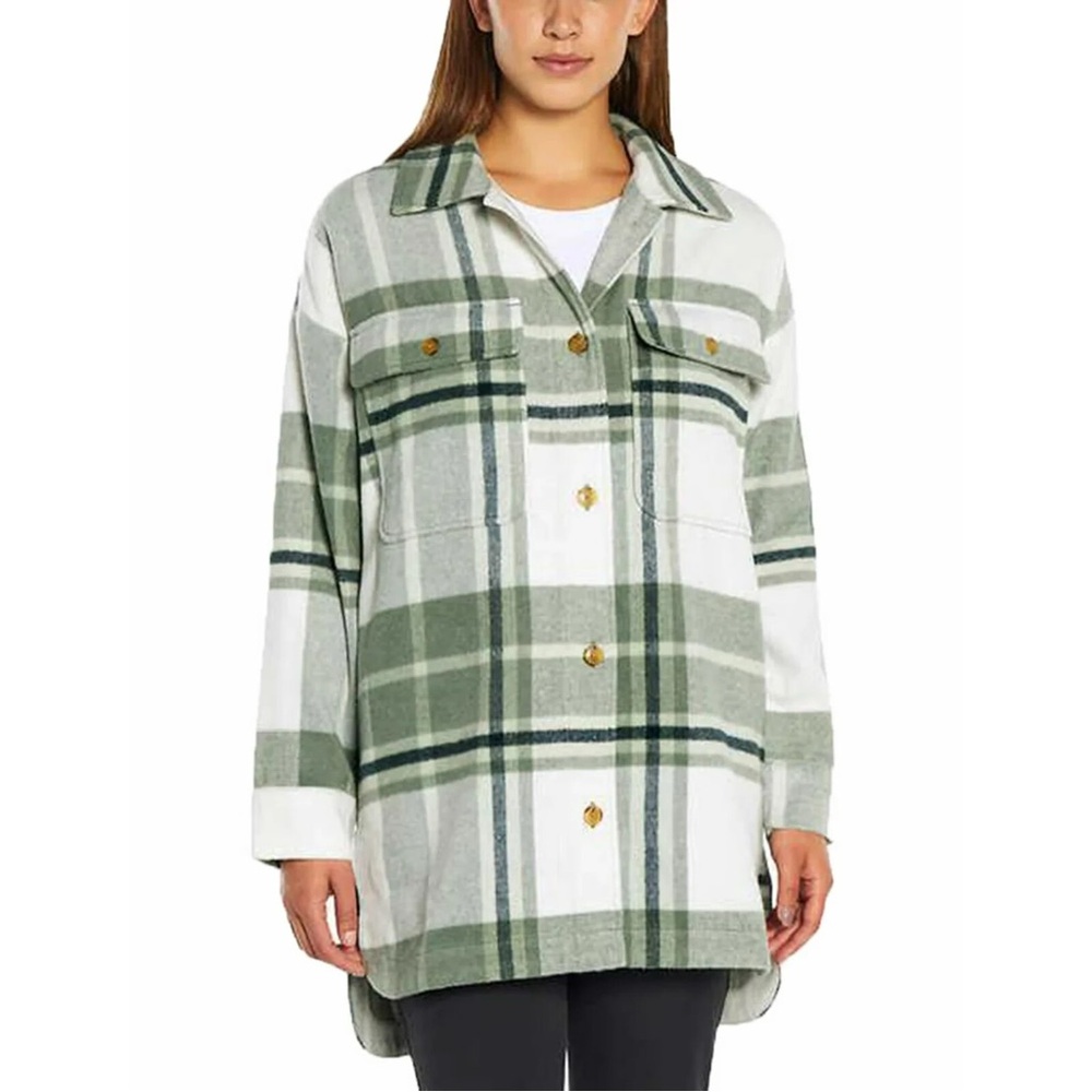 Banana Republic Flannel Plaid Shirt Jacket Shacket Green Ivory M Medium